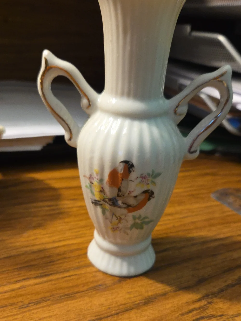White Porcelain Bud Vase with Bird Motif and Gold Trim